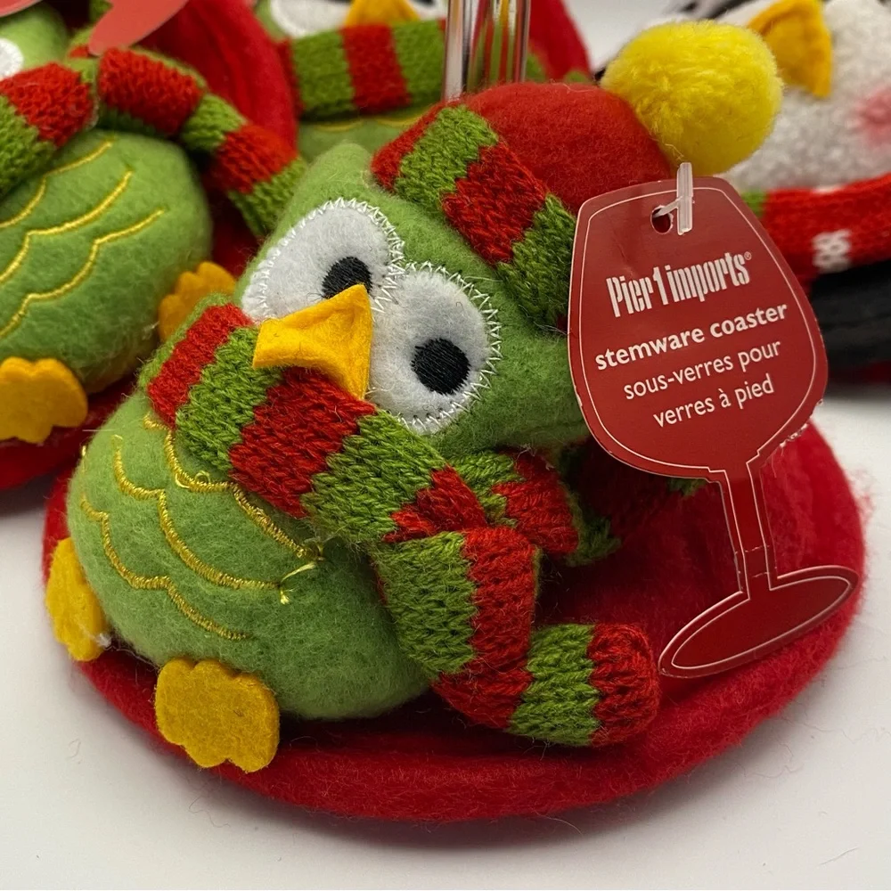 Pier 1 Holiday Stemware Coasters Set Of 6 (4 Owls & 2 Penguin) Felt Winter NEW